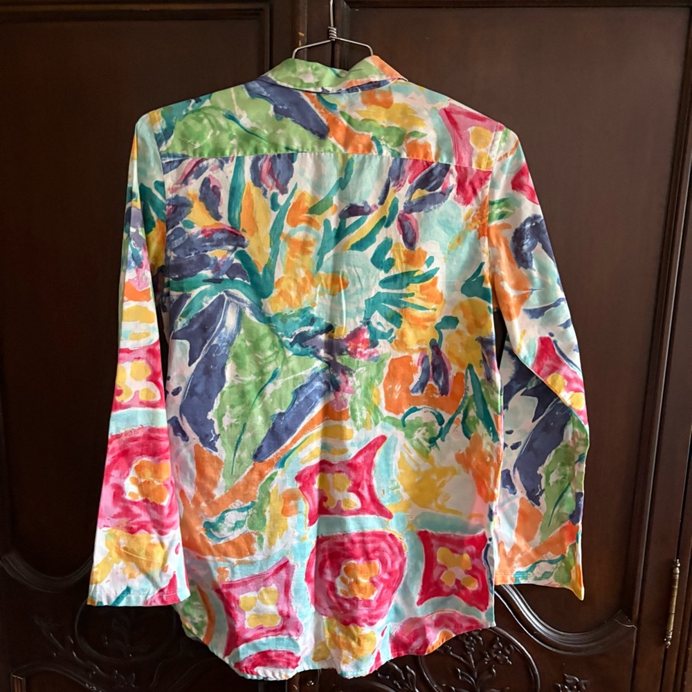Lauren Ralph Lauren Multicolor Watercolor Print Collared Cotton Blouse Medium - Picture 4 of 4